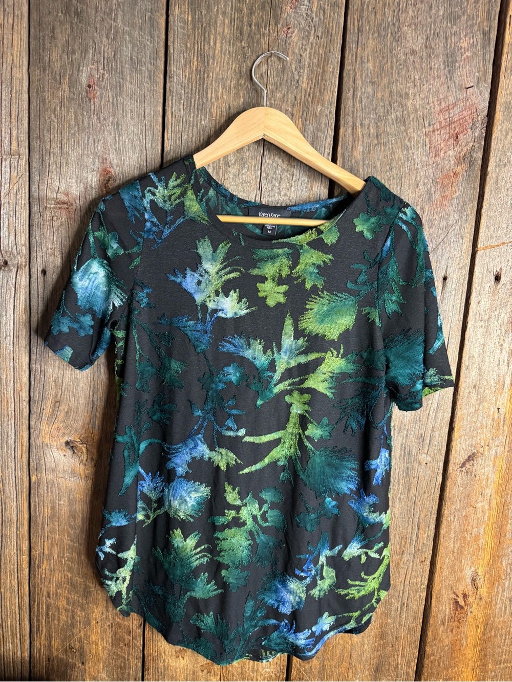 Karen Kane Black Short-Sleeve Tee with Green & Blue Floral Motif